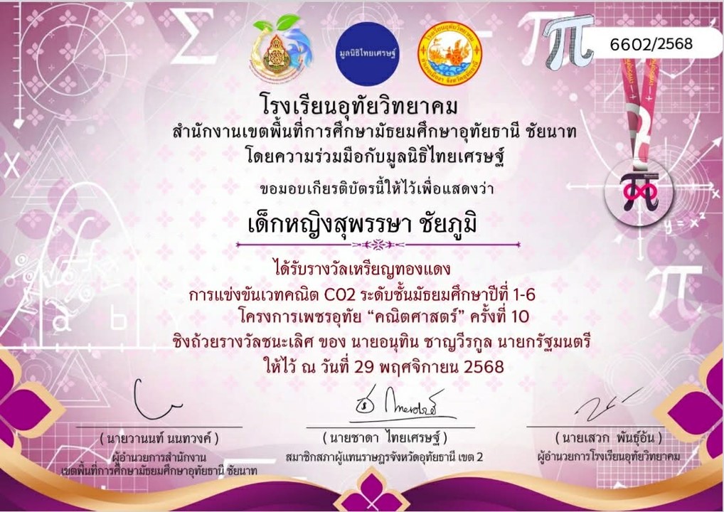 รางวัลเหรียญทองแดง การแข่งขันเวทคณิต C02 ระดับชั้นม.1-6 โครงการเพชรอุทัย "คณิตศาสตร์" ครั้งที่ 10